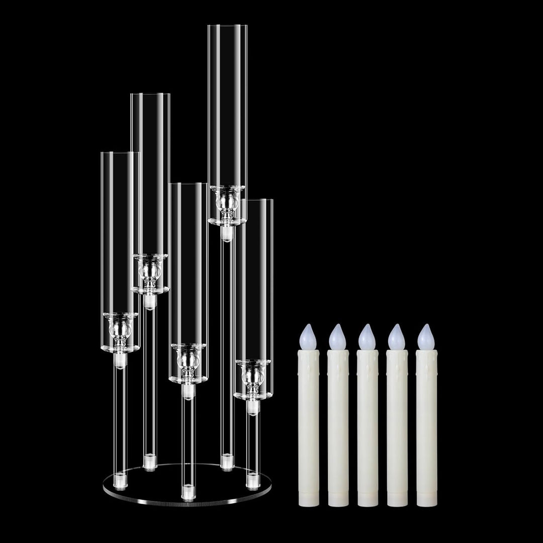 5 Arms Acrylic Candelabras Centerpieces with LED Candles, 58 cm Clear Candle Holder, Multiple Height Candlesticks Holder for Wedding Birthday Anniversary Table Decor Housewarming Gift - Just Closeouts Canada Inc.X004NH1S17