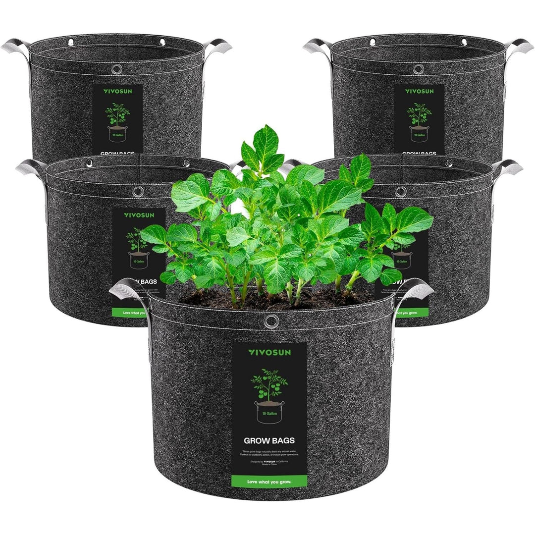 5 - Pack 15 Gallon Grow Bags, 500G Thick Nonwoven Fabric Pots with Strap Handles, Multi - Purpose Rings, for Low Stress Plant Training Fruits, Vegetables, and Flowers - Just Closeouts Canada Inc.