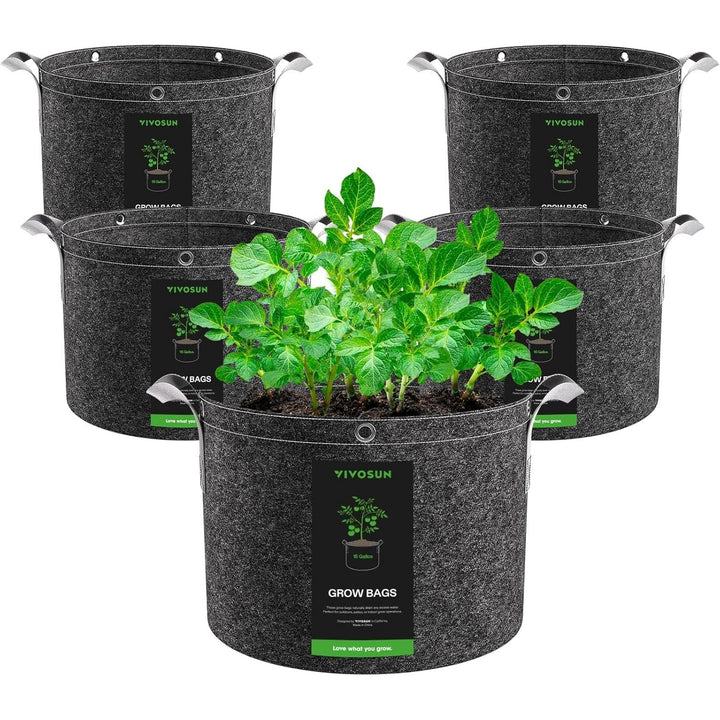 5 - Pack 15 Gallon Grow Bags, 500G Thick Nonwoven Fabric Pots with Strap Handles, Multi - Purpose Rings, for Low Stress Plant Training Fruits, Vegetables, and Flowers - Just Closeouts Canada Inc.