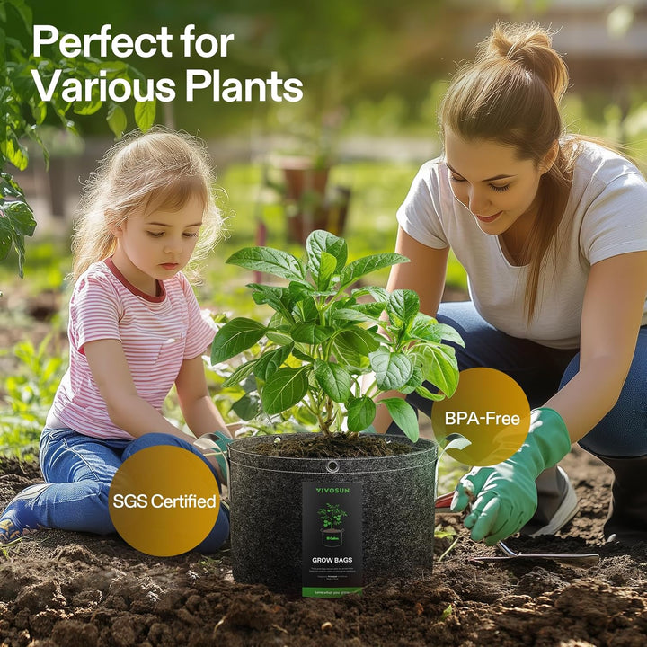 5 - Pack 15 Gallon Grow Bags, 500G Thick Nonwoven Fabric Pots with Strap Handles, Multi - Purpose Rings, for Low Stress Plant Training Fruits, Vegetables, and Flowers - Just Closeouts Canada Inc.