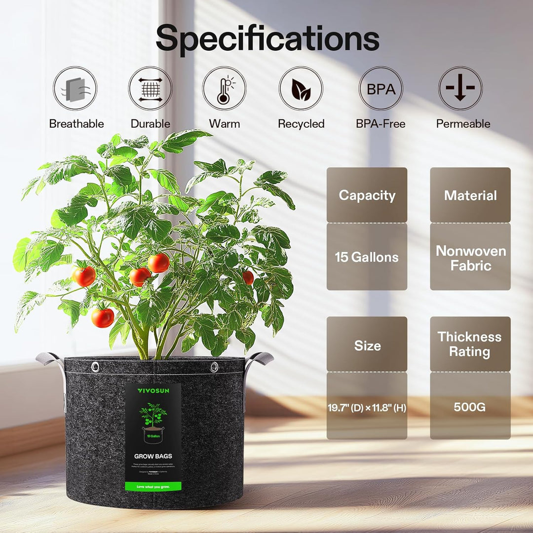 5 - Pack 15 Gallon Grow Bags, 500G Thick Nonwoven Fabric Pots with Strap Handles, Multi - Purpose Rings, for Low Stress Plant Training Fruits, Vegetables, and Flowers - Just Closeouts Canada Inc.