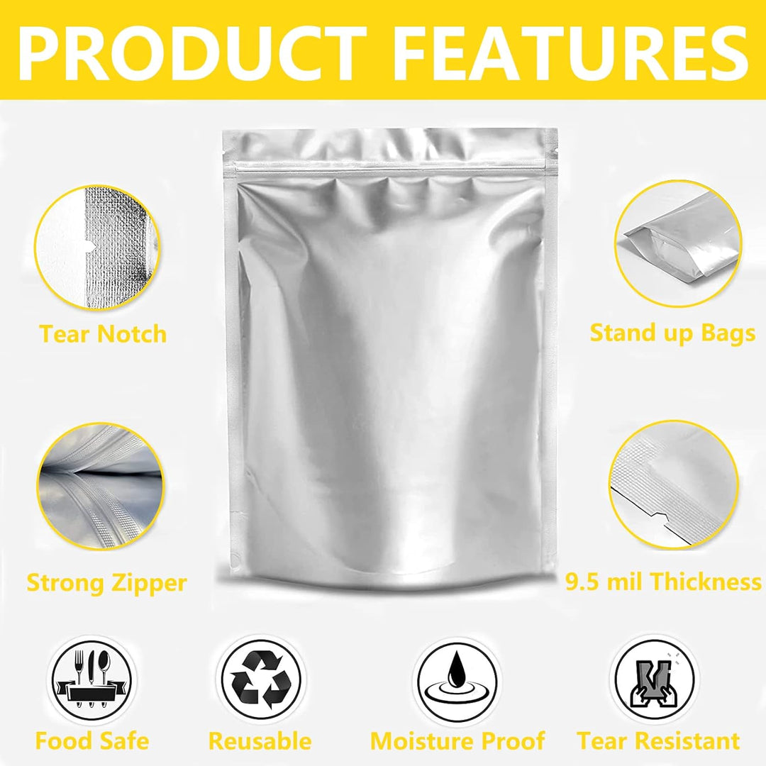 50 Mylar Bags for Food Storage 1 Gallon - 9.5 Mil Thicker Long Term & Food Grade - 10x14 Stand - up Zipper Resealable Heat Sealable for Airtight Smell Proof Packaging - Just Closeouts Canada Inc.