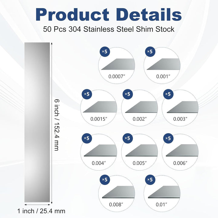 50 Pcs Shim Stock Assortment, 304 Stainless Steel 1" Width x 6" Length Metal Shims for Leveling, Gap Filler Trim Strip, DIY & Industrial Use (0.001" - 0.01" Thickness) - Just Closeouts Canada Inc.