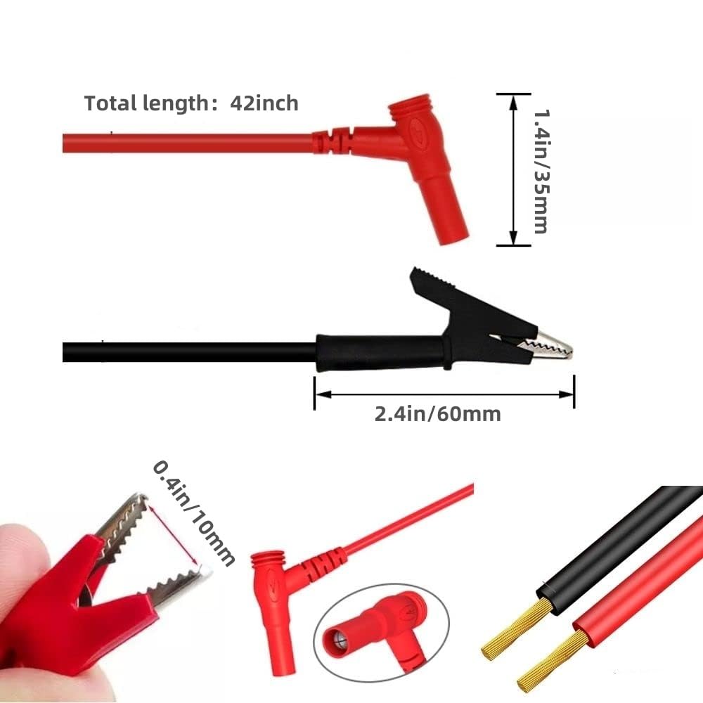 2Pcs Multimeter Test Lead Accessory, Alligator Clips to Banana Plugs, 15A 1000V, 3.5ft Silicone Cable, Black & Red