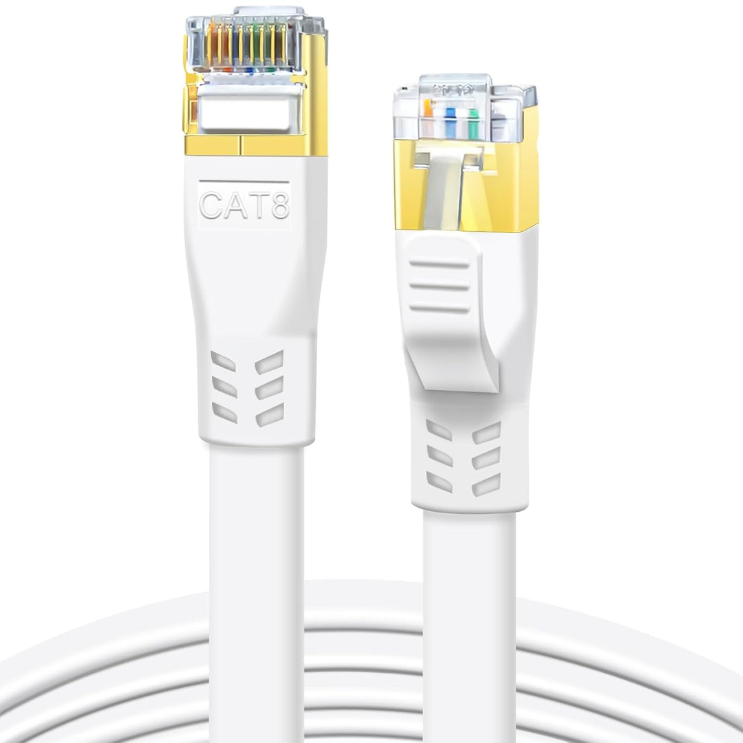 CAT 8 Ethernet Cable 10ft 2 Pack, High Speed 40Gbps 2000MHz Flat CAT8 Patch Cord, Gigabit Internet LAN Cable with Gold Plated RJ45 for Gaming, Modem, Router, X Box, PC (10ft 2 Pack White)