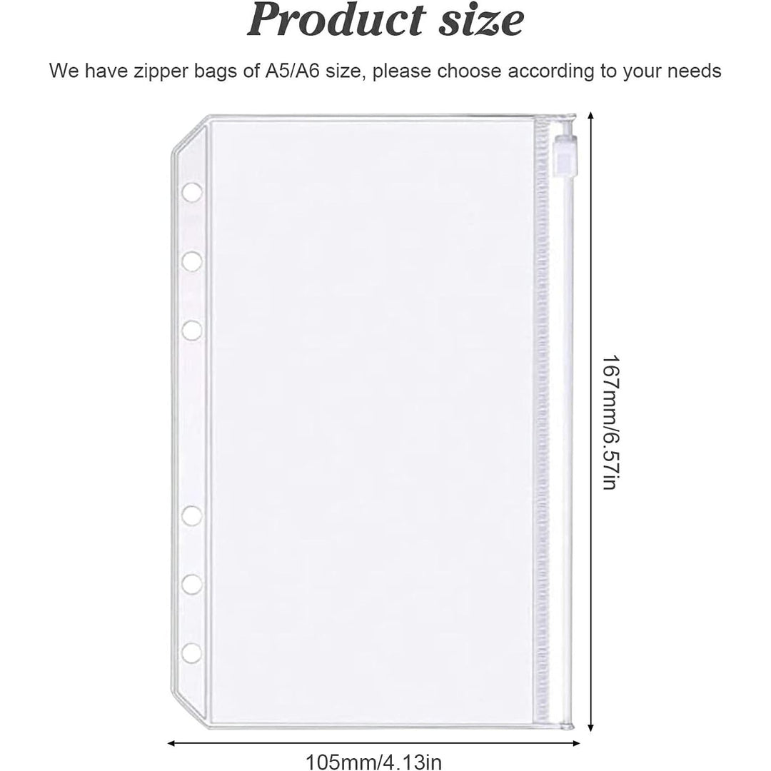 Binder Pockets A6 Size 6 Holes Zipper Binder Pouch Folders Clear Waterproof PVC Loose Leaf Bags for 6 Ring Binder Notebooks, Documents and Cards, Plastic Filing Bags, Mini Binder Cash Envelopes(12PCS)