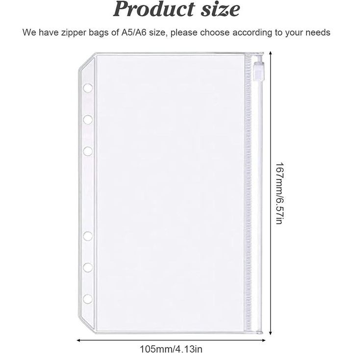 Binder Pockets A6 Size 6 Holes Zipper Binder Pouch Folders Clear Waterproof PVC Loose Leaf Bags for 6 Ring Binder Notebooks, Documents and Cards, Plastic Filing Bags, Mini Binder Cash Envelopes(12PCS)