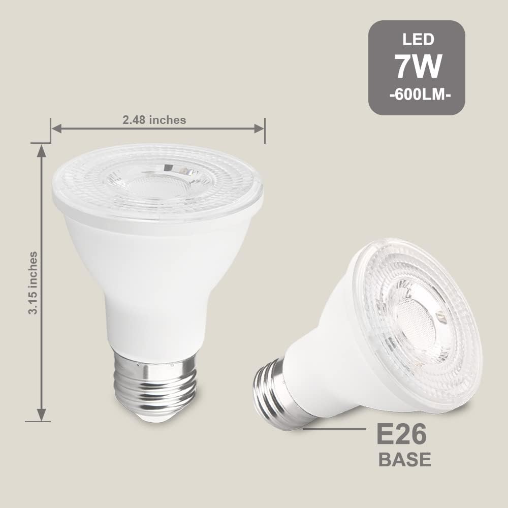 PAR20 LED Bulbs, Dimmable 7W Spot Light Bulbs,50W Halogen Bulb Equivalent, 3000K Warm White 600 Lumens E26 40 Degree, Indoor Recessed Track Lighting, 6-Pack