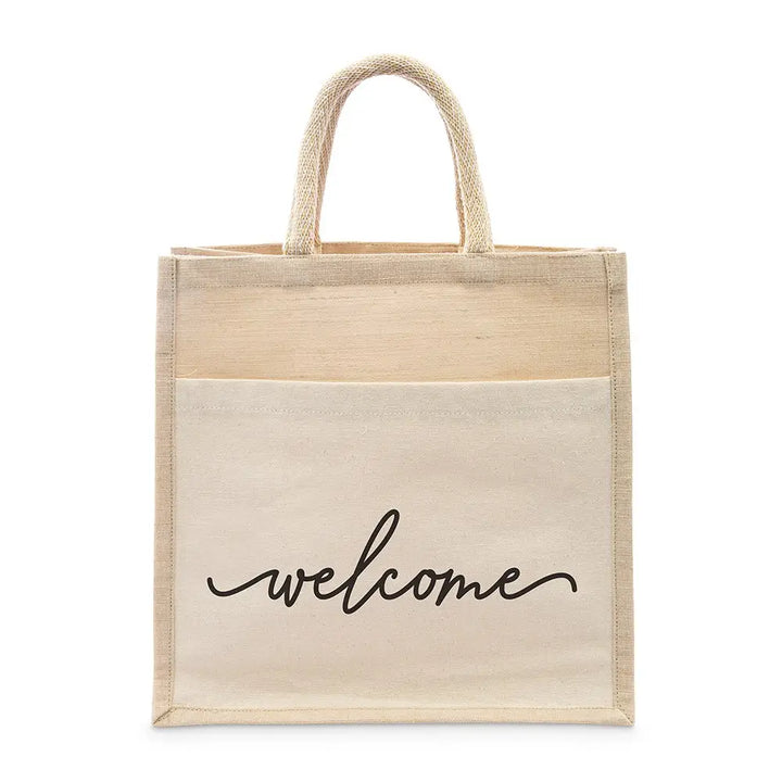Medium Reusable Woven Jute Tote Bag With Pocket - Welcome, 5315-49