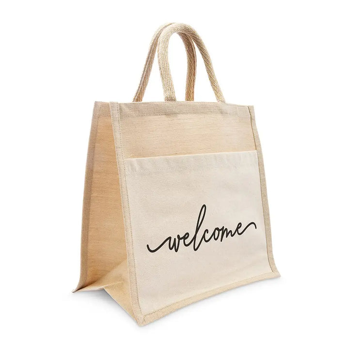 Medium Reusable Woven Jute Tote Bag With Pocket - Welcome, 5315-49