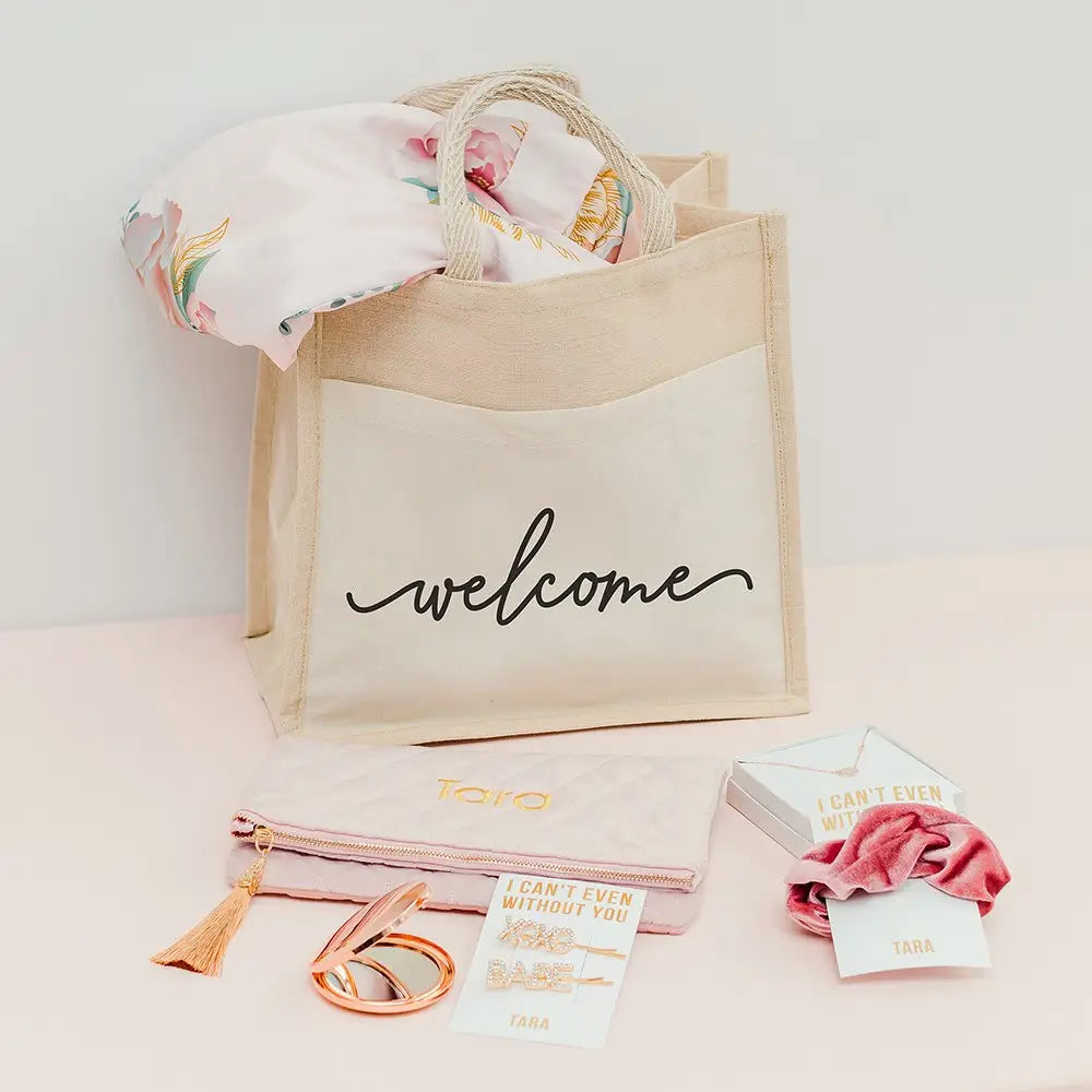 Medium Reusable Woven Jute Tote Bag With Pocket - Welcome, 5315-49