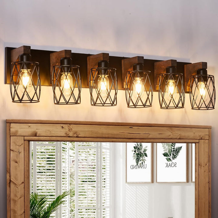 6 - Light Farmhouse Bathroom Light Fixtures, Wood Bathroom Lighting Fixtures Over Mirror, Black Vanity Light Fixture with Cage Metal Shade, Vintage Rustic Vanity Light for Bathroom, Hallway - Just Closeouts Canada Inc.