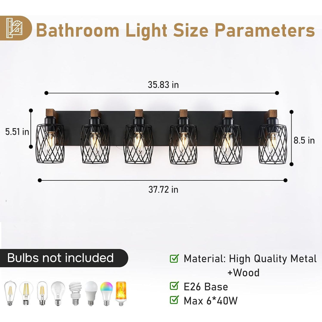 6 - Light Farmhouse Bathroom Light Fixtures, Wood Bathroom Lighting Fixtures Over Mirror, Black Vanity Light Fixture with Cage Metal Shade, Vintage Rustic Vanity Light for Bathroom, Hallway - Just Closeouts Canada Inc.