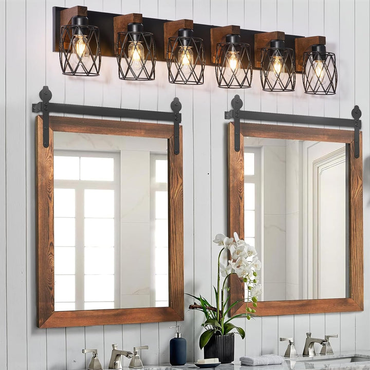 6 - Light Farmhouse Bathroom Light Fixtures, Wood Bathroom Lighting Fixtures Over Mirror, Black Vanity Light Fixture with Cage Metal Shade, Vintage Rustic Vanity Light for Bathroom, Hallway - Just Closeouts Canada Inc.