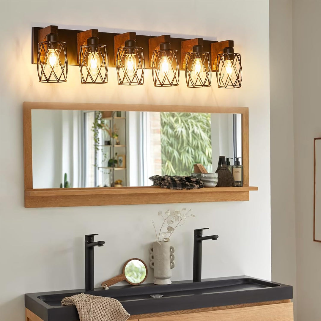 6 - Light Farmhouse Bathroom Light Fixtures, Wood Bathroom Lighting Fixtures Over Mirror, Black Vanity Light Fixture with Cage Metal Shade, Vintage Rustic Vanity Light for Bathroom, Hallway - Just Closeouts Canada Inc.