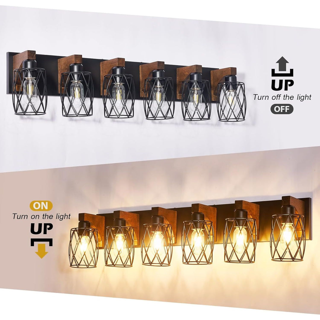 6 - Light Farmhouse Bathroom Light Fixtures, Wood Bathroom Lighting Fixtures Over Mirror, Black Vanity Light Fixture with Cage Metal Shade, Vintage Rustic Vanity Light for Bathroom, Hallway - Just Closeouts Canada Inc.