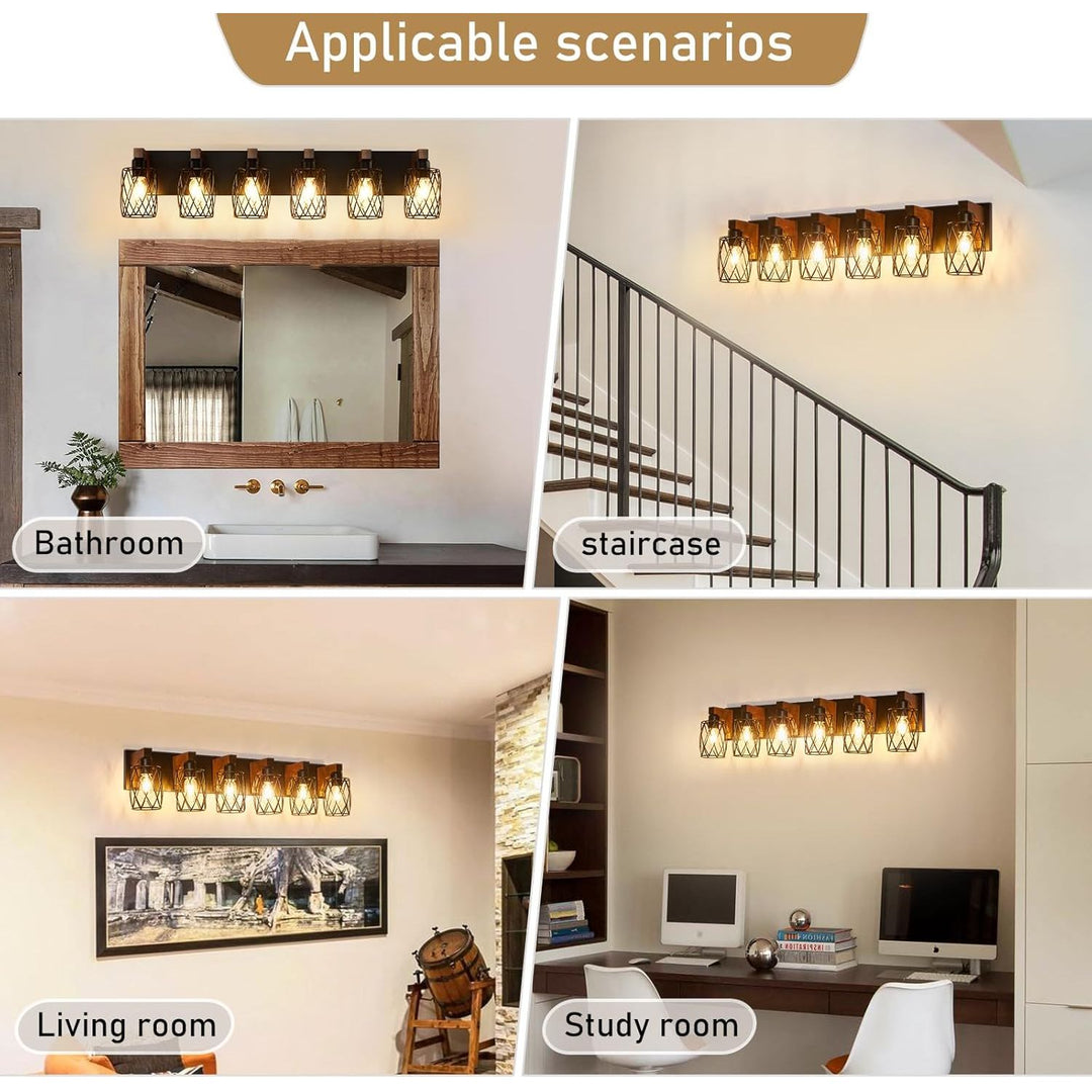 6 - Light Farmhouse Bathroom Light Fixtures, Wood Bathroom Lighting Fixtures Over Mirror, Black Vanity Light Fixture with Cage Metal Shade, Vintage Rustic Vanity Light for Bathroom, Hallway - Just Closeouts Canada Inc.