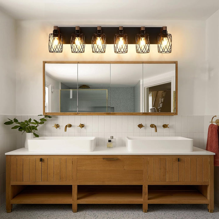 6 - Light Farmhouse Bathroom Light Fixtures, Wood Bathroom Lighting Fixtures Over Mirror, Black Vanity Light Fixture with Cage Metal Shade, Vintage Rustic Vanity Light for Bathroom, Hallway - Just Closeouts Canada Inc.