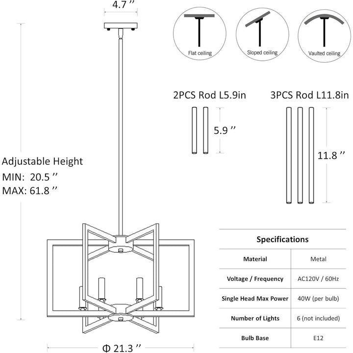 6 - Light Gold Pendant Light, Modern Farmhouse Dining Room Light Fixtures Over Table, Industrial Metal Geometric Kitchen Chandelier for Entryway Hallway Foyer Bedroom - Just Closeouts Canada Inc.