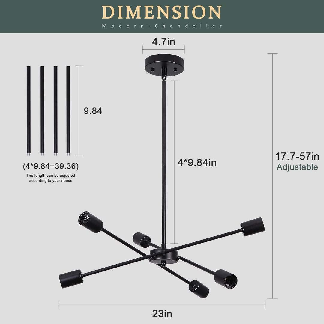 6 Lights Black Sputnik Chandelier Modern Industrial Ceiling Light Mid Century Vintage Contemporary Pendant - Just Closeouts Canada Inc.