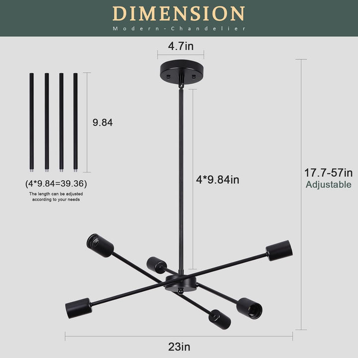 6 Lights Black Sputnik Chandelier Modern Industrial Ceiling Light Mid Century Vintage Contemporary Pendant - Just Closeouts Canada Inc.