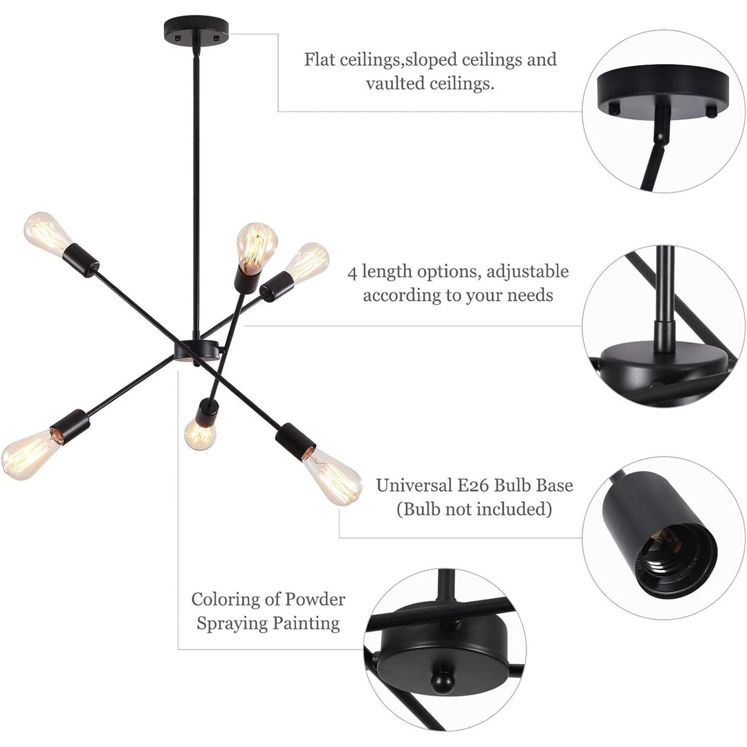 6 Lights Black Sputnik Chandelier Modern Industrial Ceiling Light Mid Century Vintage Contemporary Pendant - Just Closeouts Canada Inc.