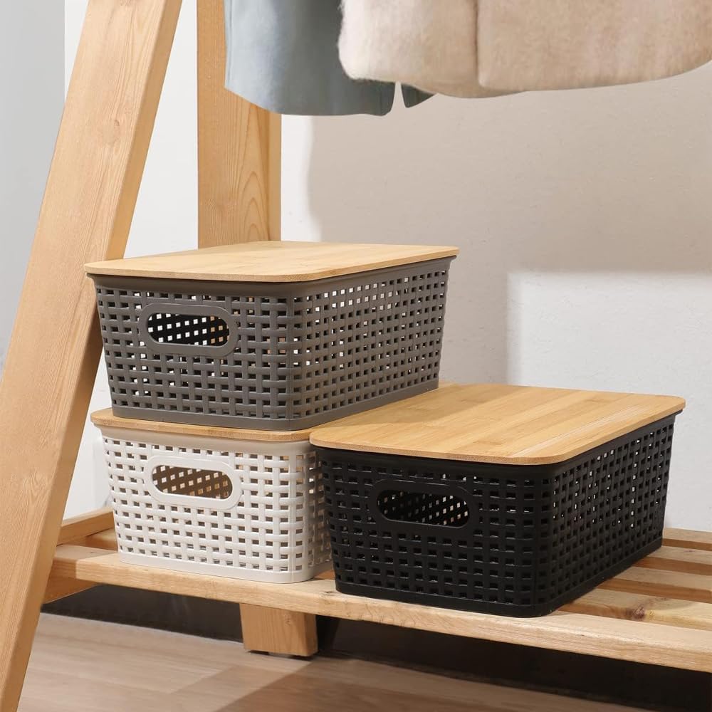 6 pcs Storage Bins with Bamboo Lids - Plastic Storage Containers with Lids Stackable Storage Box Baskets for Organizing Shelves Drawers Desktop Closet Office - Just Closeouts Canada Inc.