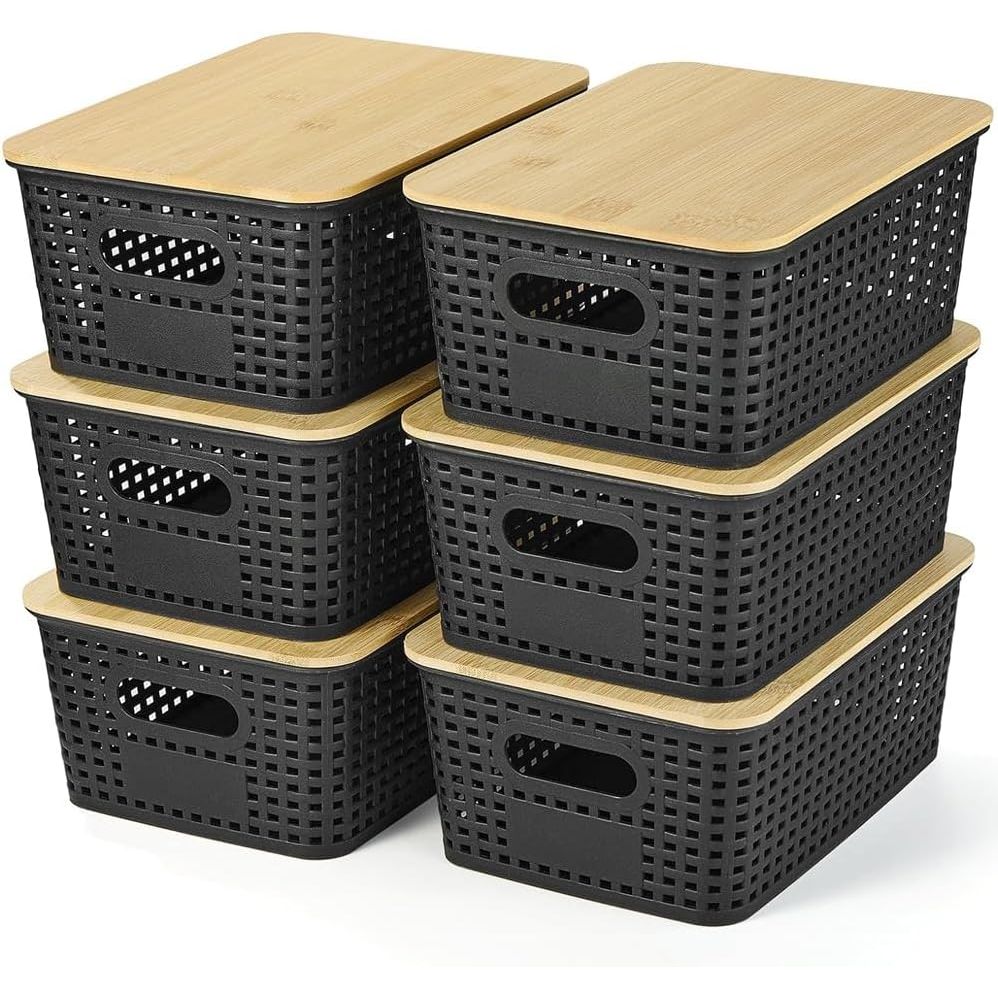 6 pcs Storage Bins with Bamboo Lids - Plastic Storage Containers with Lids Stackable Storage Box Baskets for Organizing Shelves Drawers Desktop Closet Office - Just Closeouts Canada Inc.