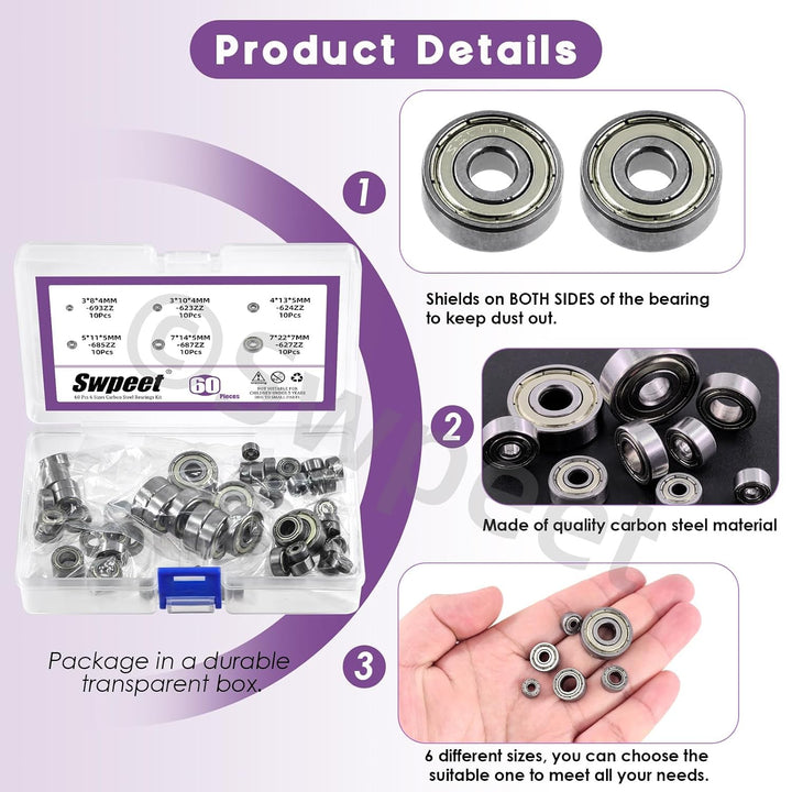 60-Piece Double-Shielded Ball Bearing Assortment, 6 Sizes - Just Closeouts Canada Inc.X004I4JDH1