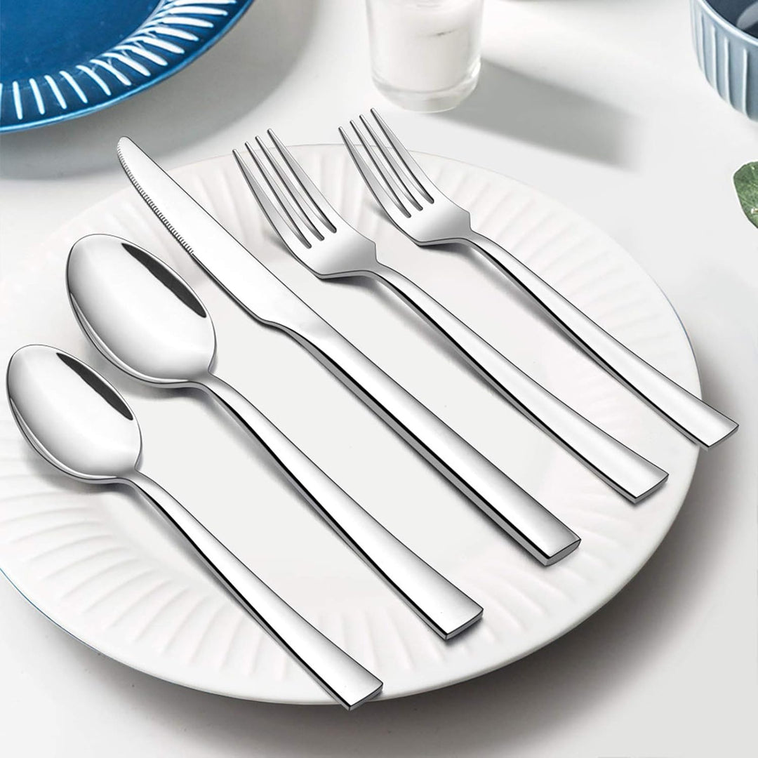 60 - Piece Silverware Set, E - far Stainless Steel Flatware Set Service for 12, Tableware Cutlery Set for Home Restaurant Party, Dinner Forks/Spoons/Knives, Square Edge & Mirror Polished, Dishwasher Safe - Just Closeouts Canada Inc.