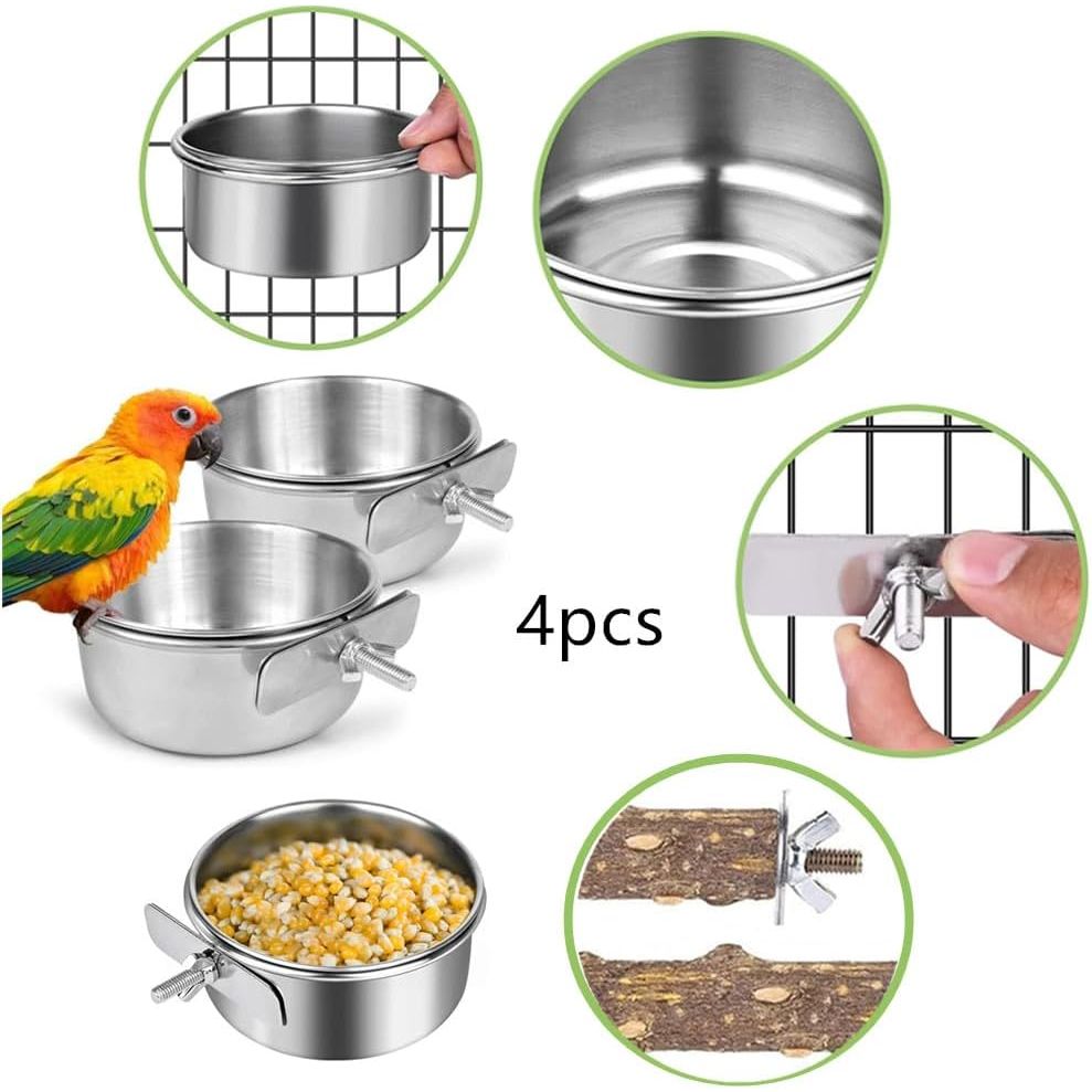Parrot Feeder, 4pcsPet Feeder, Bird Feeder for Cage, Parrot Feeding Cups Birds Food Dish 2 pcs Perches,10X 4.5 cm, Stainless Steel Parrot Feeders Water,for Parrot Parakeet Lovebird