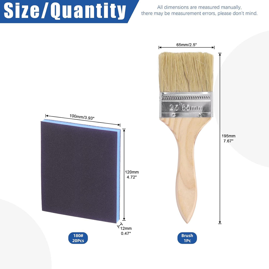 21Pcs 180 Grit Sanding Sponge Kit Include 20Pcs 120 x 100 x 12mm Reusable and Washable Sanding Blocks with 1Pc Paint Brush for Wood, Metal, Paint and Drywall