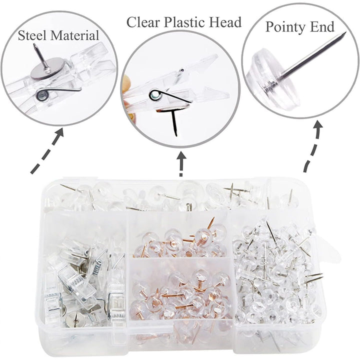 200pcs Push Pins Set, 5 Styles Clear Pushpin Clips with Stainless Steel Tips Heavy Duty Hooked Thumb Tacks, Decorative Plastic Heads Point Hook for Cork Board Foam Bulletin Board Artworks