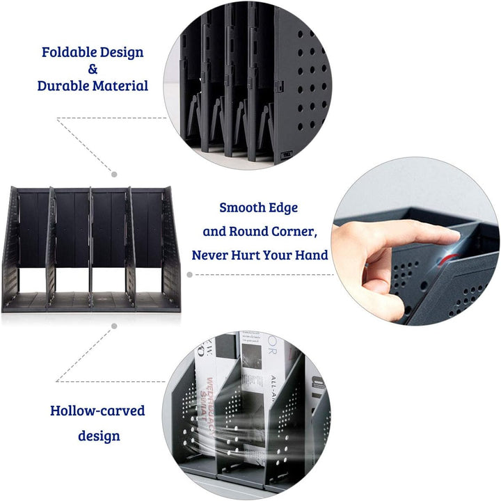 Collapsible Magazine Holder Plastic Desktop Vertical 4 Compartment File Magazine Organizer Holder File Divider Sorter Stand Office Document Organizer Storage Box Bins Home School Black