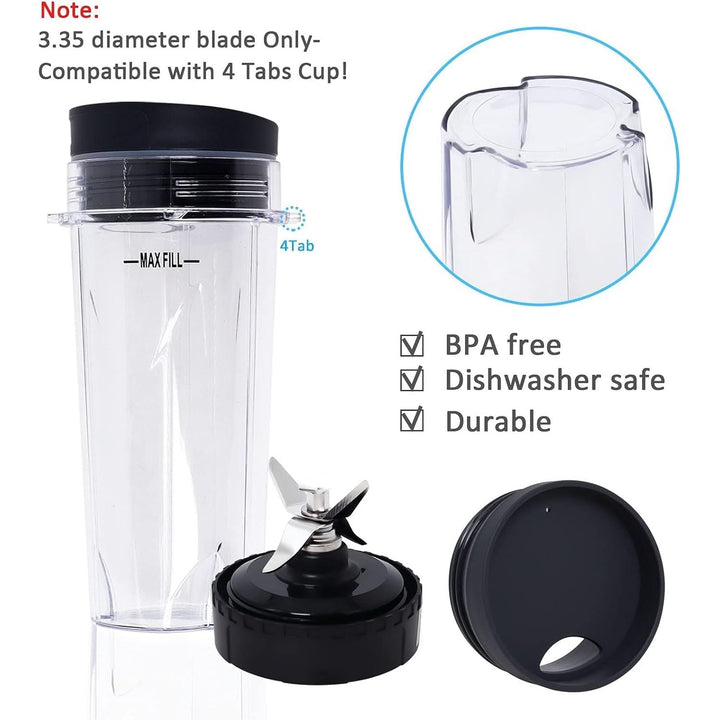 Replacement Parts Compatible with Nutri Ninja, Blender Blade 6 Fins and 2 Pcs 16oz Single Serve Blender Cup Set Compatible with Ninja BL660 BL740 BL780 BL771 BL772 BL773CO