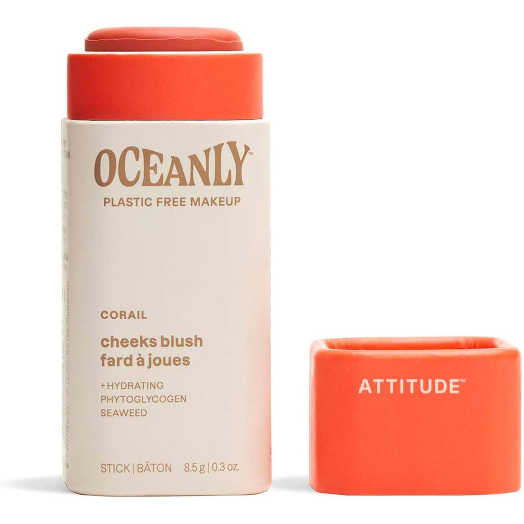ATTITUDE Oceanly Lightweight Blush Stick, Titanium Dioxide-Free, EWG Verified, Plastic-Free, Vegan Makeup, Corail, 8.5g