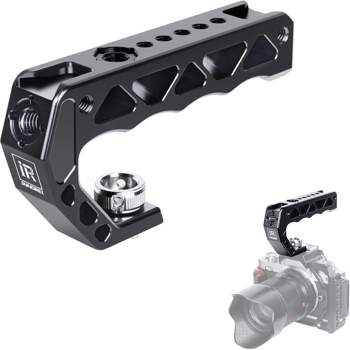 AH130 Top Handle with 3/8" ARRI Locating Pins, Comfort Ergonomic CNC Aluminum Alloy Grip for ARRI for Camera Cage, with 1/4" 3/8" Threads and 3 Cold Shoes, Weight 195g, Max Load 10kg/22lb