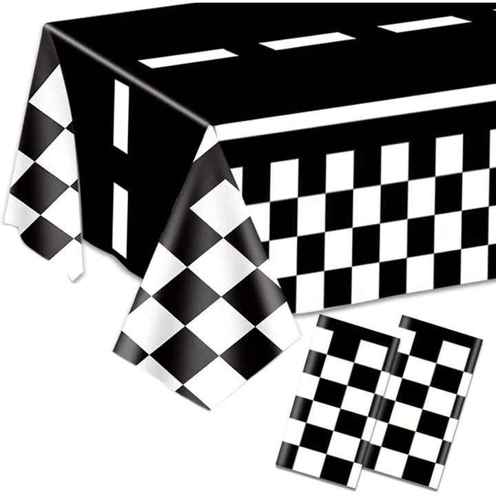 2PCS Checkered Tablecloth Racing Car Tablecloth Racing Party Supplies 54"x108" Disposable Plastic Racetrack Tablecloth Car Birthday Party Supplies Car Birthday Decorations Car Theme Party Table Covers