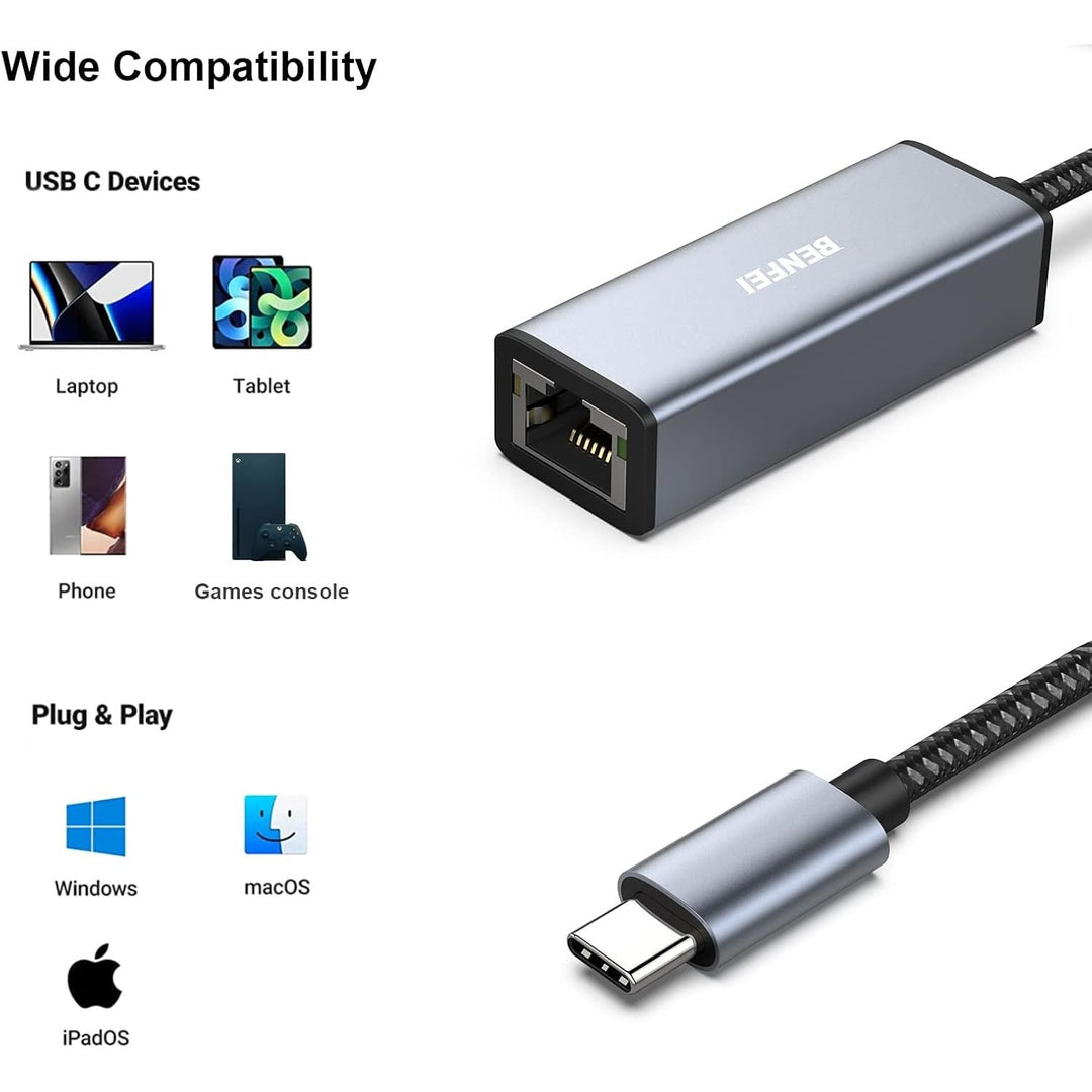 USB-C to Ethernet Adapter, USB Type-C (Thunderbolt 3/4) to RJ45 Gigabit Ethernet LAN Network Adapter Compatible with iPhone 15 Pro/Max, MacBook Pro/Air 2023, iPad Pro,iMac, S23, XPS 17 and More
