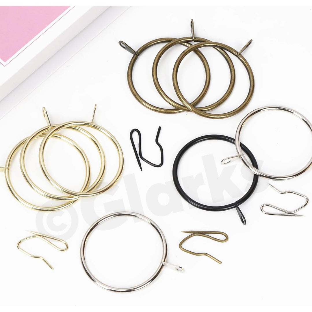 30 Sets 42mm/1.7inch Black Metal Drapery Curtain Hanging Rings Set, Includes 30pcs Curtain Rings and 30pcs Drapery Pin Hooks, Drape Sliding Eyelet Rings for Sliding Window Bathroom Door