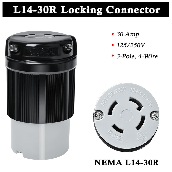 L14-30 L14-30R Locking Connector and L14-30P Female Plug Set, 30 Amp, 125/250V, 3 Pole 4 Wire, 7500W Generator Twist Locking Plug Connector