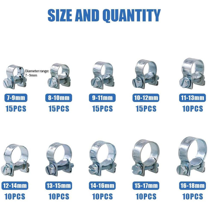 120Pcs 10 Size Mini Fuel Injection Style Hose Clamp Assortment Kit For Diesel Petrol Pipe