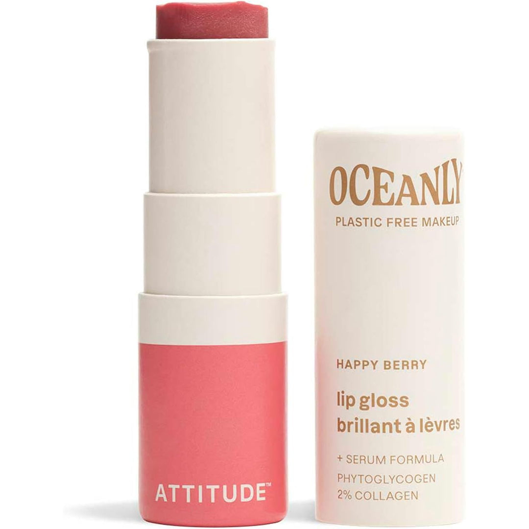 ATTITUDE Oceanly Sheer Lip Gloss Stick, EWG Verified, Titanium Dioxide-Free, Vegan Makeup & Beauty, Plastic-Free, Happy Berry, 3.4G