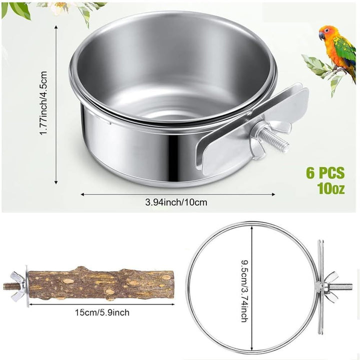 Parrot Feeder, 4pcsPet Feeder, Bird Feeder for Cage, Parrot Feeding Cups Birds Food Dish 2 pcs Perches,10X 4.5 cm, Stainless Steel Parrot Feeders Water,for Parrot Parakeet Lovebird