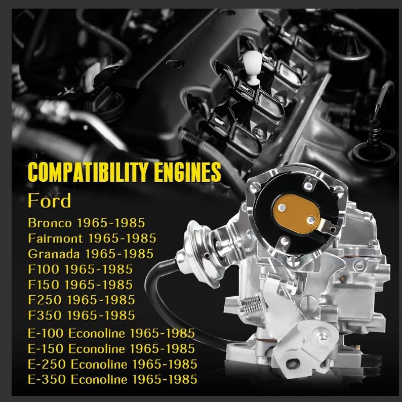 Carter1 Barrel Carburetor Fits For 1965-1985 Ford Engines: 4.9L(300Cu),4.1L (200Cu),3.3L (200Cu).Compatible With Ford Bronco,Fairmont,And Models F100,F150,F250,F350.D5Tz9510AG#Rsc-300A 6307S