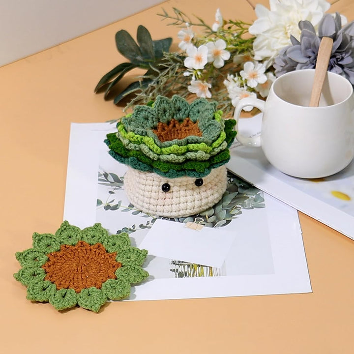 Crochet Kit for Beginners, 6PCS Crochet Coasters Kit, Flower Potted Plant Crochet Kit with Crochet Hook, Colorful Yarn, Stitch Marker, Instruction, Craft Lover DIY Material Tools(Green)