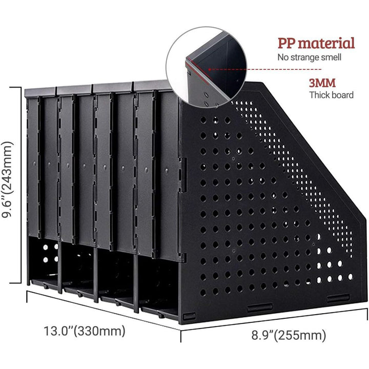Collapsible Magazine Holder Plastic Desktop Vertical 4 Compartment File Magazine Organizer Holder File Divider Sorter Stand Office Document Organizer Storage Box Bins Home School Black