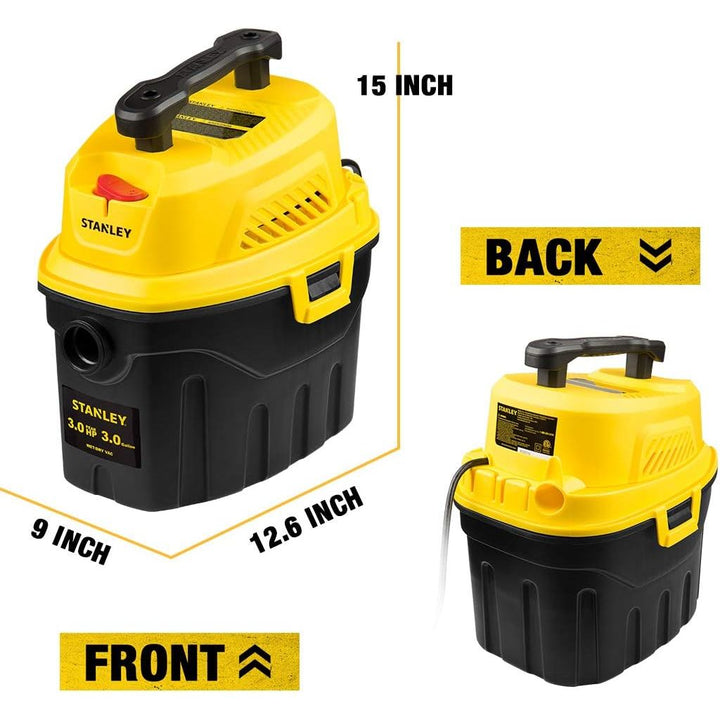 Stanley SL18910P-3 Wet/Dry, 3 Gallon, 3 Horsepower, Portable Car Vacuum, 3.0 HP AC, Black+Yellow