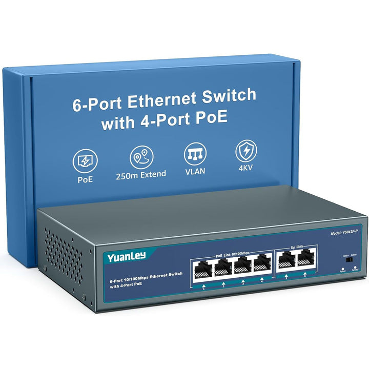 4 Port PoE Switch with 2 Ethernet Uplink, 4 Port PoE+ 100Mbps, 78W 802.3af/at, Extend Function, One-Key VLAN, Metal, Desktop & Wall-Mount, Unmanaged Plug and Play