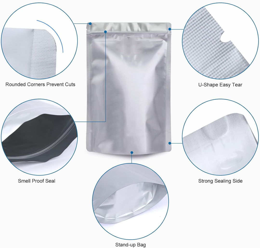 100 Pcs 1 Qt Mylar Resealable Bags for Food Storage, With 100 Pcs 200cc Oxygen Absorbers & 120 Labels, Aluminum Foil Long Term Fresh Bags for Kitchen Packaging, Ziplock Sealable Bags, 1 Quart Smell Proof Bags, Stand Up Bags, 8 mils